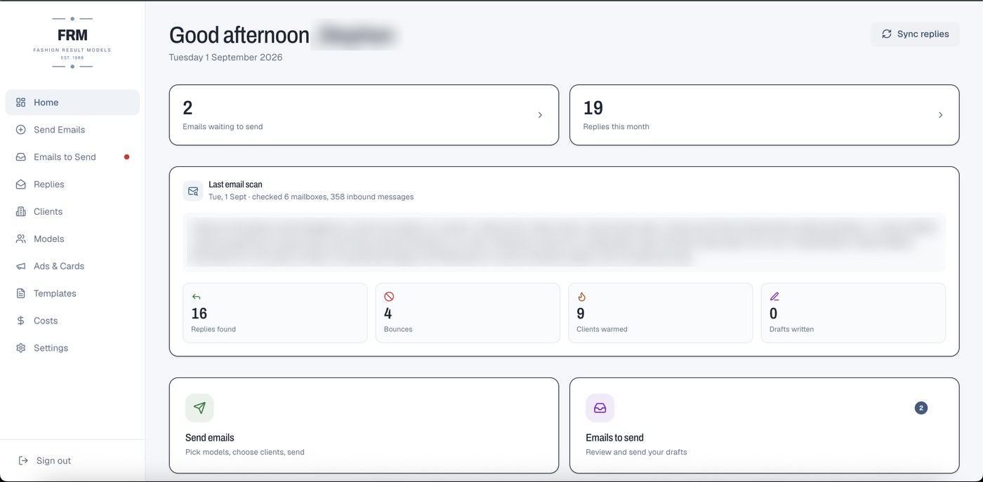 The FRM outreach dashboard, blurred: an inbox scan summary with replies found, bounces and clients warmed